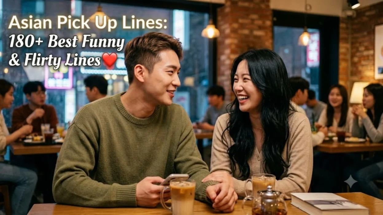 An Asian couple laughing together at a cafe table, featuring a blog title overlay for flirty pick up lines.