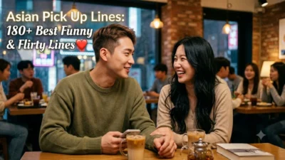 An Asian couple laughing together at a cafe table, featuring a blog title overlay for flirty pick up lines.