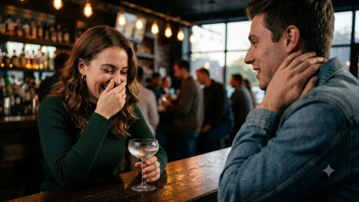 A woman laughs awkwardly into her hand at a bar while a man nervously delivers a cheesy pickup line.