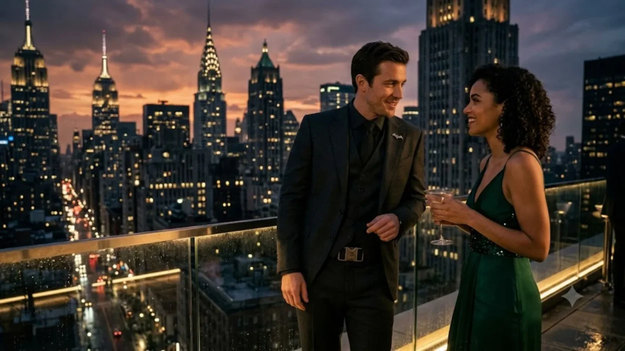 A man in a sharp black suit talking to a woman on a city rooftop at sunset