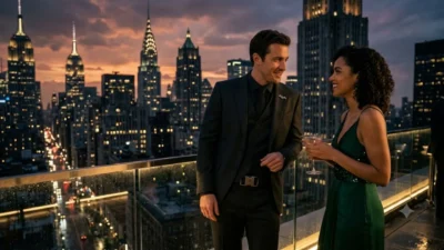 A man in a sharp black suit talking to a woman on a city rooftop at sunset