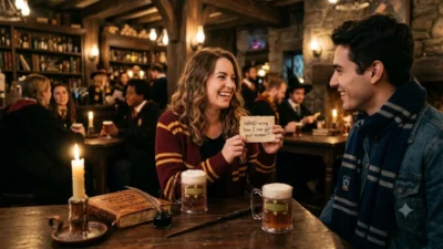 A smiling woman in a wizard-themed pub holding a note with a clever pick up line next to a man.