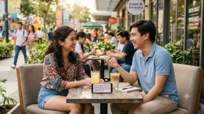 A young Filipino couple laughs together at an outdoor cafe table with iced coffee and a phone displaying a pickup line.