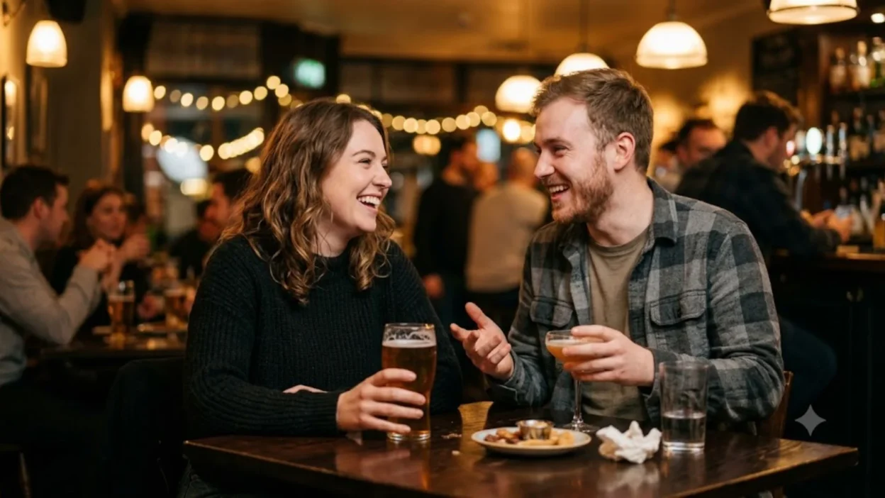 A smiling man and woman sharing a playful, laughing conversation over drinks at a cozy, dimly lit bar table.