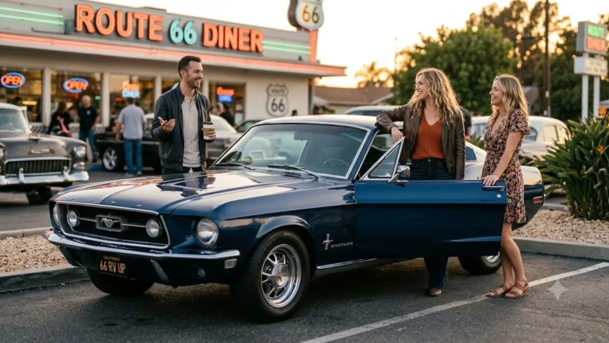 A man and two women talking and laughing by a classic blue Mustang parked outside a retro Route 66 diner at sunset
