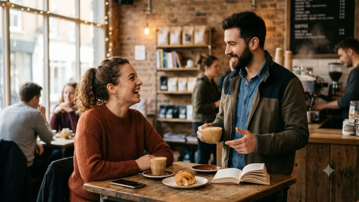 A smiling man offering a coffee to a laughing woman at a rustic cafe table, creating a warm, romantic atmosphere.