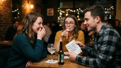 A man showing a funny pick up line on a crumpled note to a laughing woman at a cozy pub table.