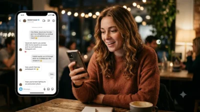 Young woman smiling at her phone in a cozy cafe while a DM conversation overlay shows a chat history.