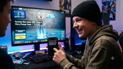 A gamer showing Fortnite rizz pickup lines on a phone screen in front of a gaming setup.