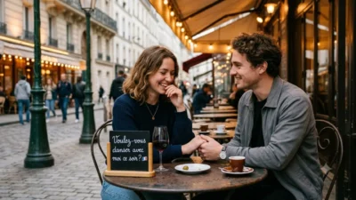 A smiling young couple sitting at a Parisian cafe table holding hands while flirting.