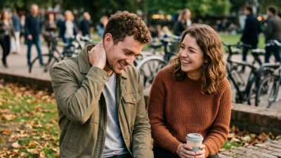 A man and a woman laughing together on a brick ledge in a park, showing a lighthearted breakup moment.