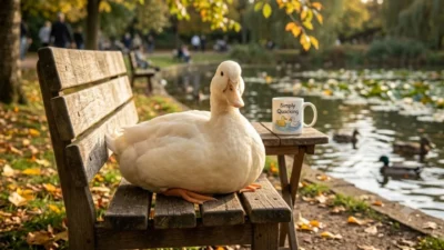 A fluffy white duck sitting on a rustic park bench next to a coffee mug that reads Simply Quacking.