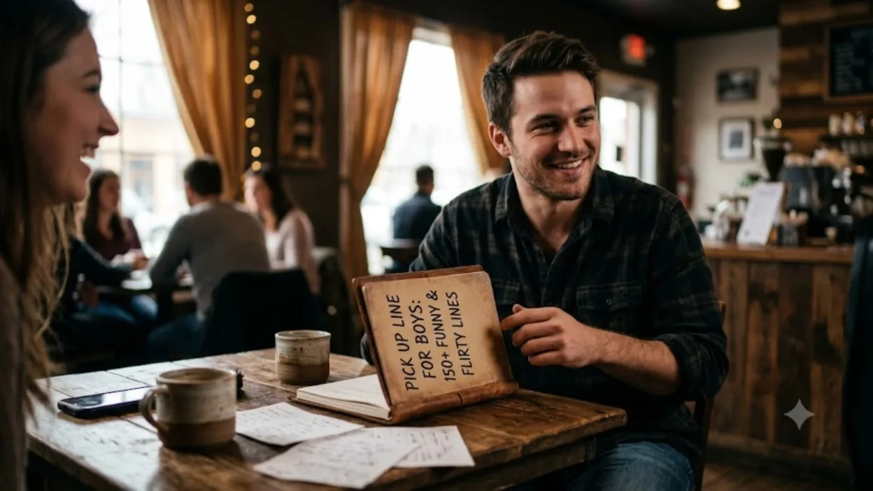 A smiling man pointing to a book with pick up lines text on a wooden table in a cozy cafe while talking to a woman.