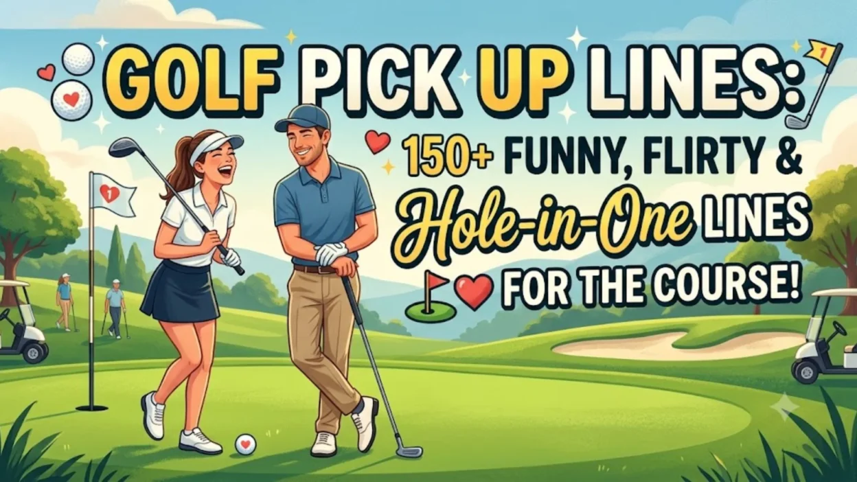 A couple flirting on a golf course with text reading "Golf Pick Up Lines: 150+ Funny, Flirty & Hole-in-One Lines".