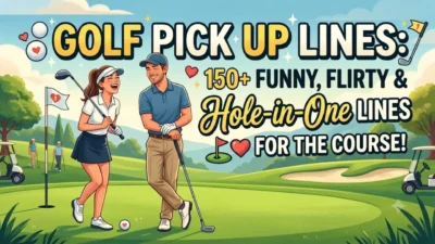 A couple flirting on a golf course with text reading "Golf Pick Up Lines: 150+ Funny, Flirty & Hole-in-One Lines".