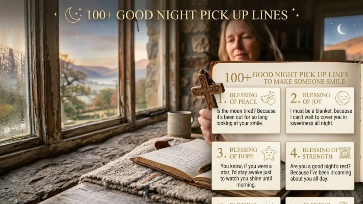 Graphic for good night pick up lines overlaying a scene of a person holding a cross by a window.