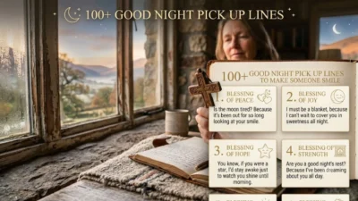 Graphic for good night pick up lines overlaying a scene of a person holding a cross by a window.