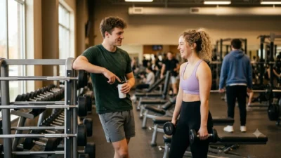 A man and a woman smiling and talking naturally next to a weight rack inside a bright fitness center.