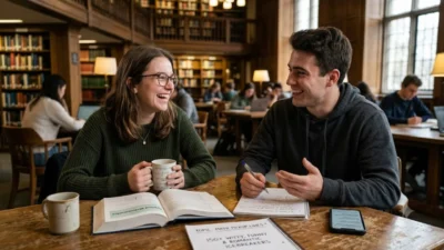 Two students laughing together over a math book and notebook in a university library.