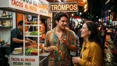 A man uses charming Mexican rizz lines on a laughing woman at a vibrant night taco stand.