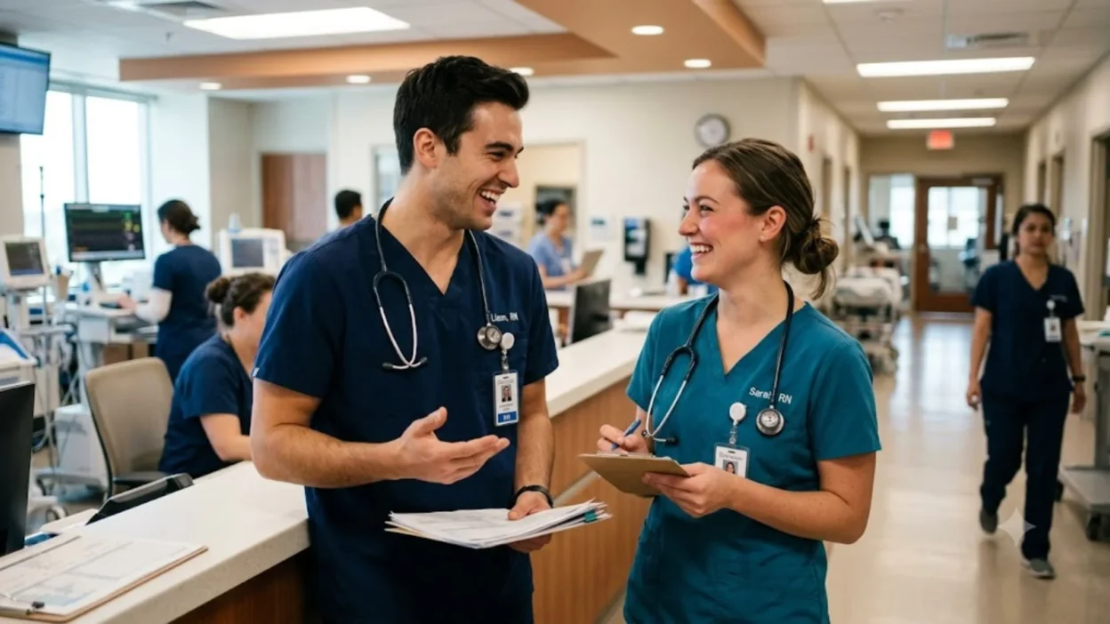 Two smiling nurses wearing scrubs and stethoscopes laughing together in a bright hospital hallway.