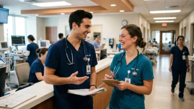 Two smiling nurses wearing scrubs and stethoscopes laughing together in a bright hospital hallway.