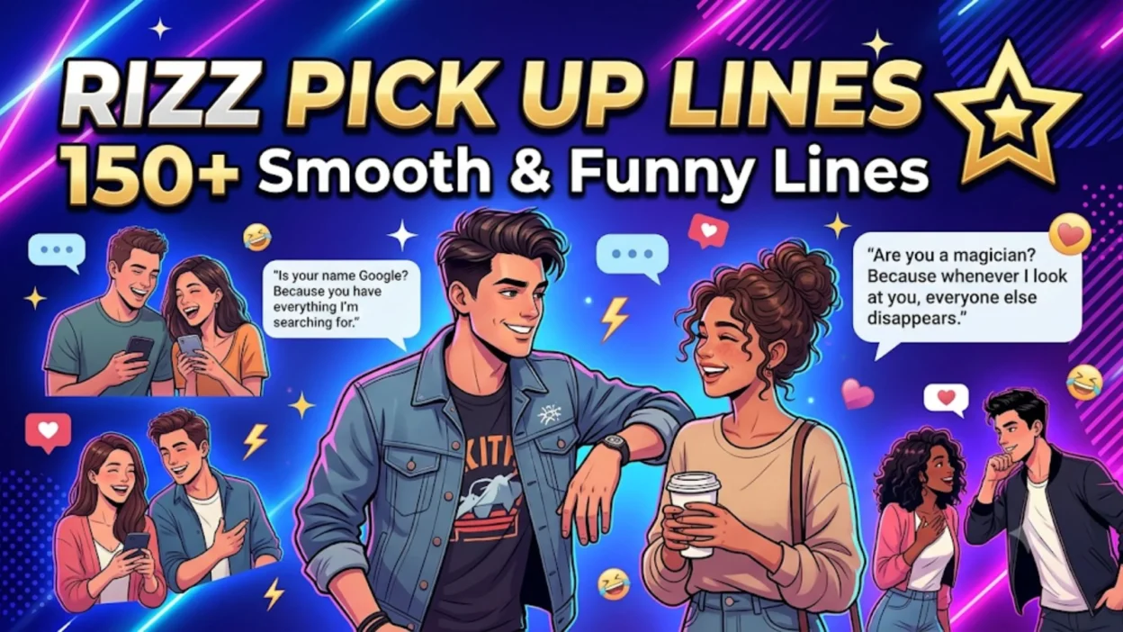 Neon YouTube thumbnail for Rizz Pick Up Lines featuring animated couples talking and texting.