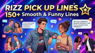 Neon YouTube thumbnail for Rizz Pick Up Lines featuring animated couples talking and texting.