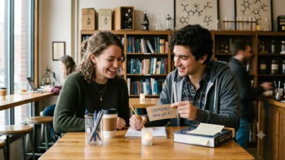 A smiling couple studying at a cafe table with chemistry books and a card reading Chemistry We have got it.