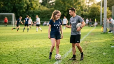 A smiling man and woman sharing a playful moment while standing on a green soccer field with a soccer ball.