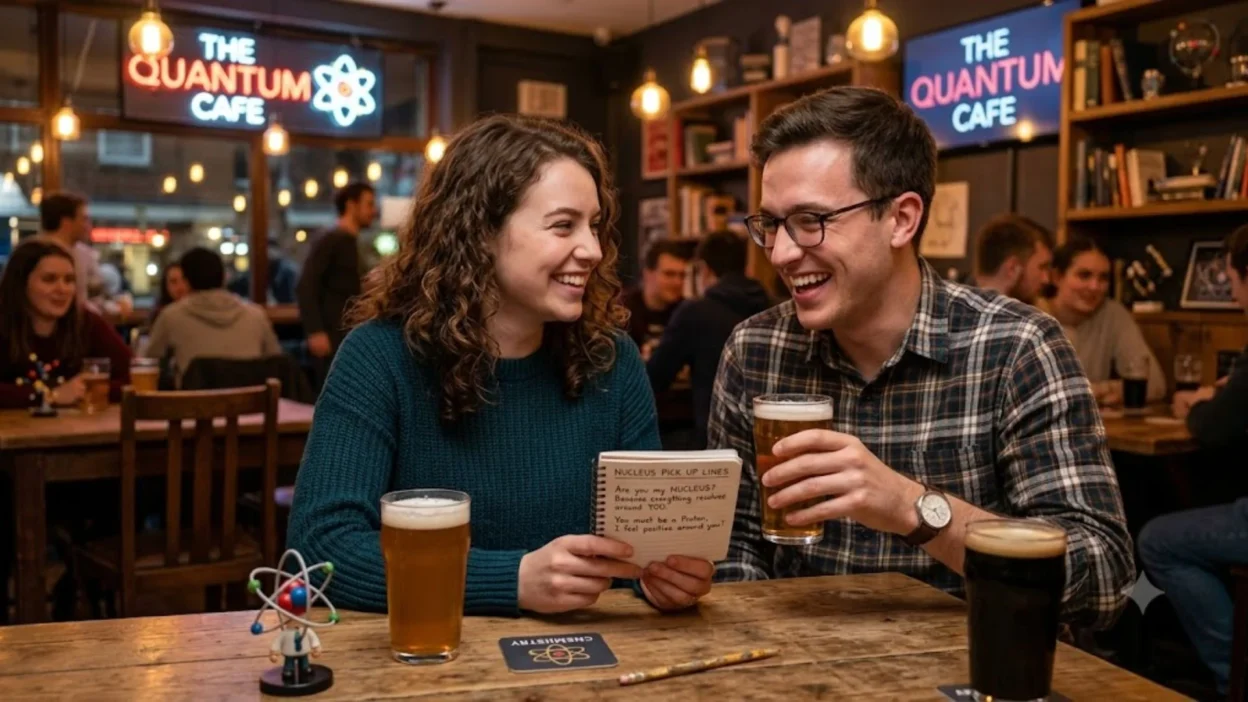 A man and woman laugh over a notebook of nucleus pickup lines at a science-themed pub.
