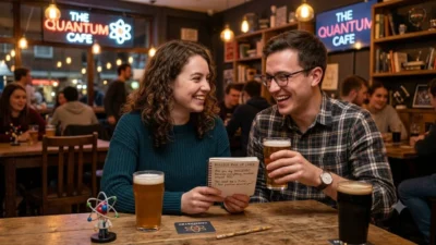 A man and woman laugh over a notebook of nucleus pickup lines at a science-themed pub.