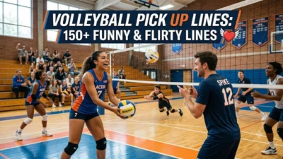 Players smiling and flirting on a volleyball court during a lively indoor match with spectators in the stands