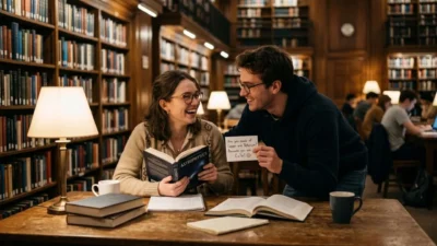 A smiling young man shows a handwritten chemistry pick up line note to a laughing girl in a cozy library.