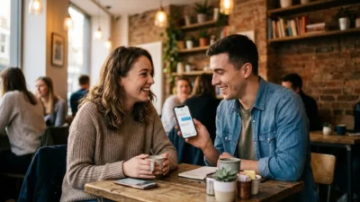 Smiling young woman and man sitting at a coffee shop table as he shares a text conversation on his phone.
