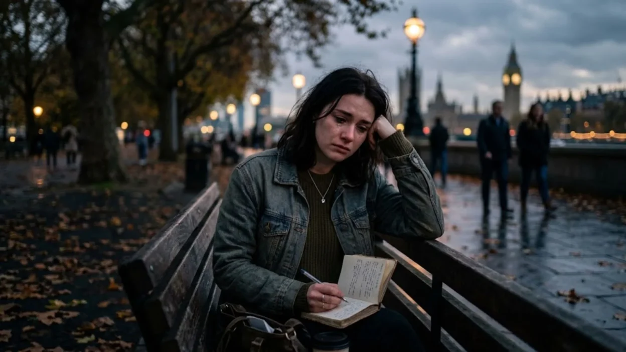 A tearful woman sitting on a wet park bench writing break up quotes in a journal during dusk.