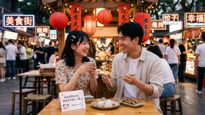 Young couple laughing at a Chinese night market table with dumplings and skewers under red lanterns.