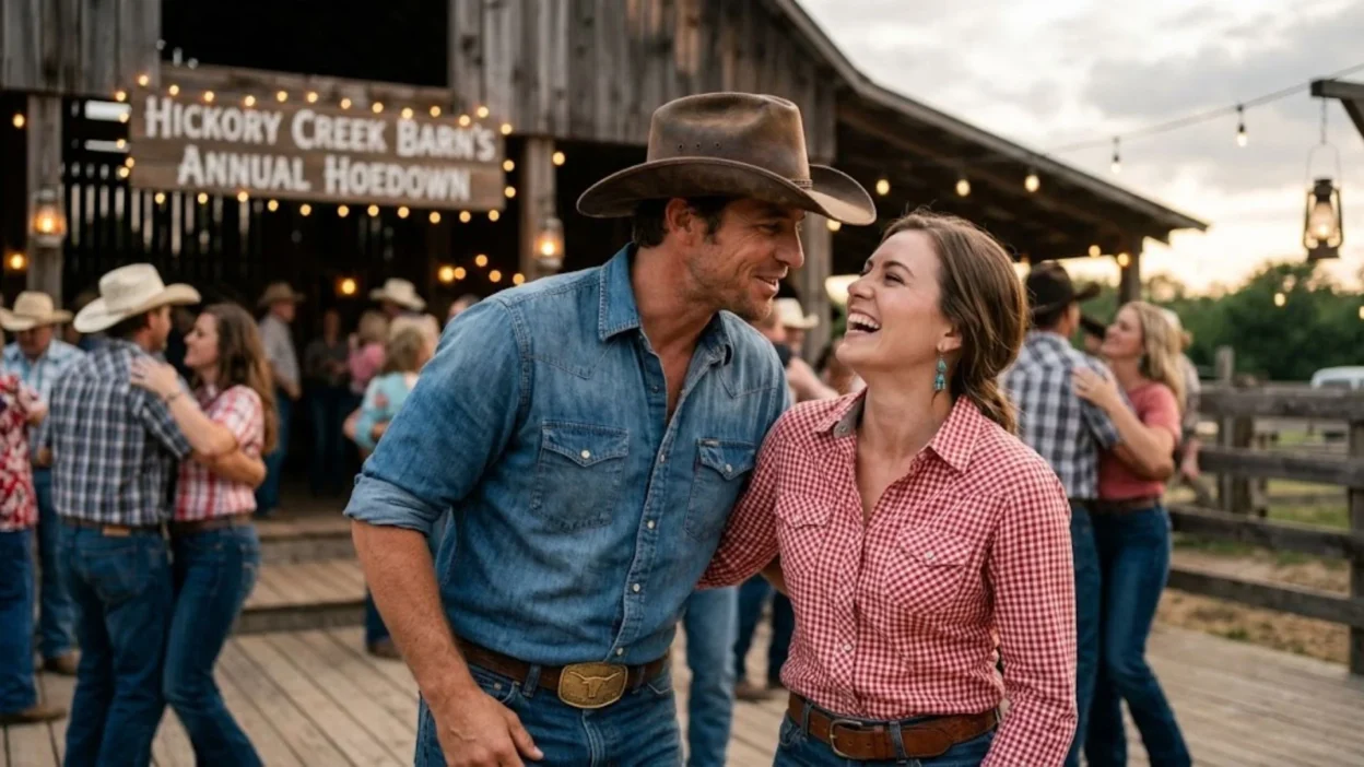 Smiling cowboy and woman laughing together at a rustic outdoor country barn dance.