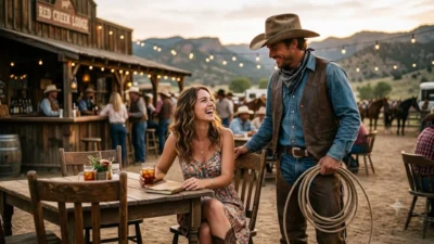 A cowboy with a lasso hat and leather chaps smiling at a laughing woman sitting at a ranch table.
