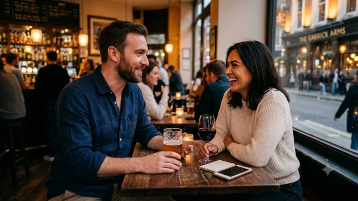 A smiling man and woman enjoy drinks and conversation at a cafe table near a street view window.