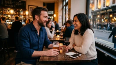 A smiling man and woman enjoy drinks and conversation at a cafe table near a street view window.