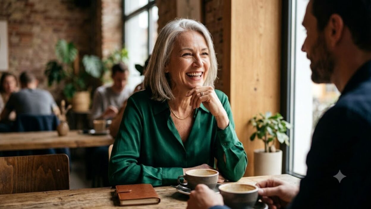Elegant older woman with silver hair laughing during a coffee date in a warm modern cafe.