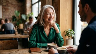 Elegant older woman with silver hair laughing during a coffee date in a warm modern cafe.