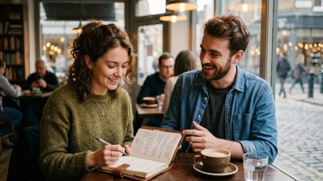 A smiling man and woman sharing a notebook and laughing together over coffee inside a cozy cafe