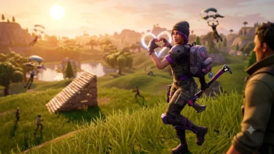A female gaming character making a heart gesture with her hands in a grassy landscape at sunset