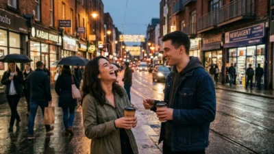 Woman laughing heartily while standing next to a man with coffee on a wet city street at night