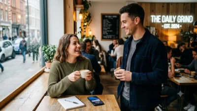 A smiling man and laughing woman talking over coffee in a cozy modern cafe.