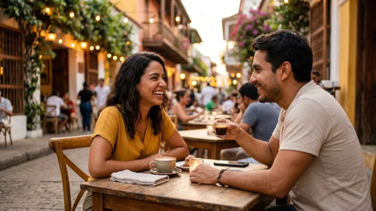 A smiling Latina woman and a man laughing together over coffee at an outdoor street cafe during sunset.