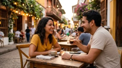 A smiling Latina woman and a man laughing together over coffee at an outdoor street cafe during sunset.