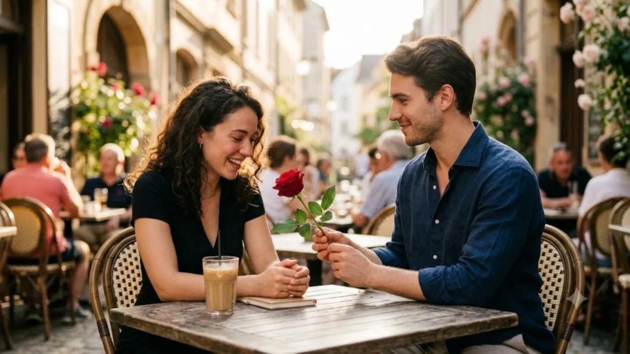A smiling man gives a vibrant red rose to a happy woman at an outdoor cafe table during golden hour.
